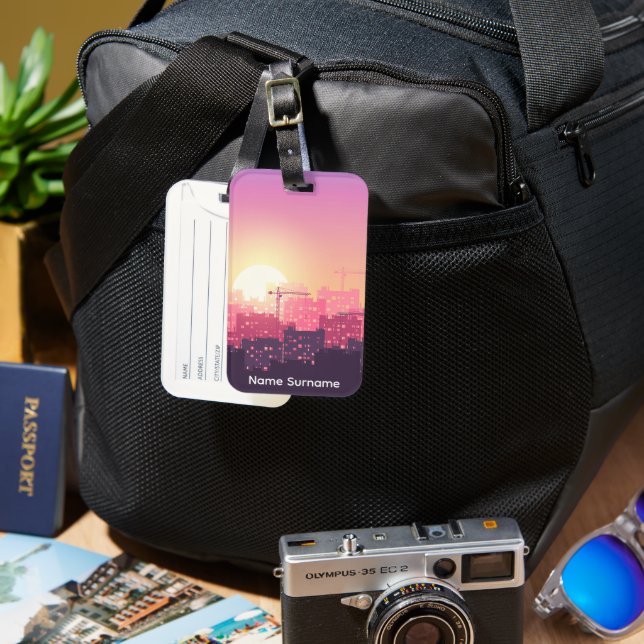 Custom Modern Construction City Sunset Clipboard Bagagebricka (Framsida & Baksida)
