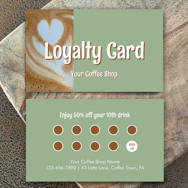 Custom Modern Eucalyptus Coffee Cafe Customer Lojalitetskort (Add your own words to this coffee shop loyalty card template. Eucalyptus green and modern script.
)