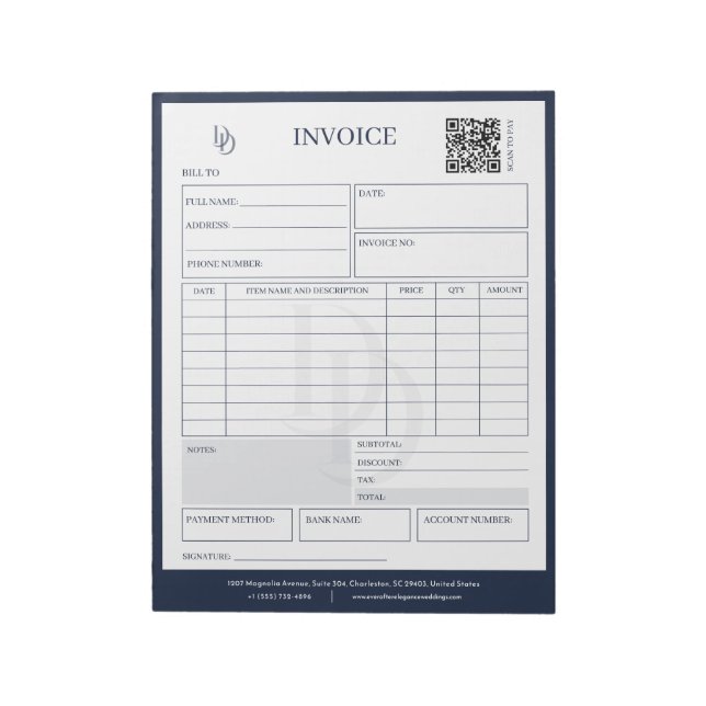 Custom Modern Navy Wedding Planner Invoice Billing Anteckningsblock (Roterad)