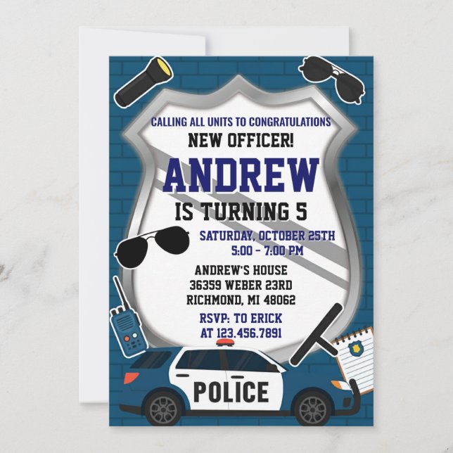 Custom Modern Police Birthday Party Invitation Inbjudningar (Framsida)