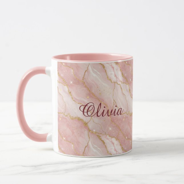 Custom Modern Rose Quartz Marble Gold Glitter Mugg (Vänster)