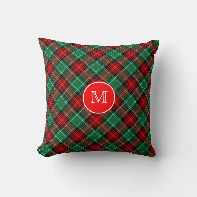 Custom Momogram Red and Green Holiday Plaid Kudde (Framsida)
