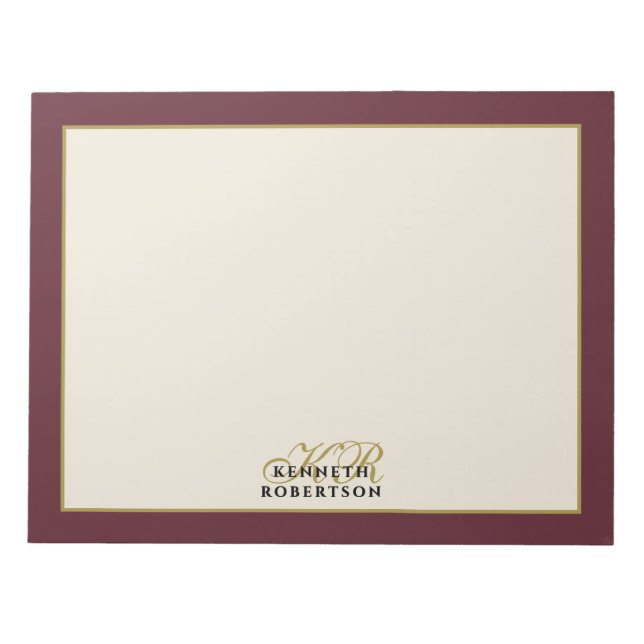 Custom Monogram Burgundy Cream Gold Minimalist Men Anteckningsblock (Framsida)