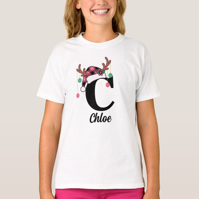 Custom Monogram Family Christmas Plaid Santa Hat T Shirt (Framsida)