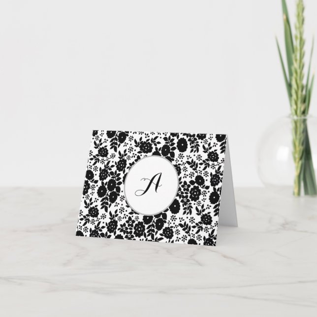 Custom Monogram Flower Pattern Black and White Tack Kort (Framsida)