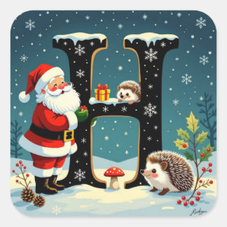 Custom monogram H Santa hedgehog snowflake Fyrkantigt Klistermärke