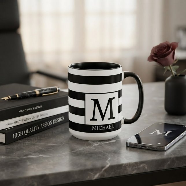Custom Monogram Initial Name Black  White Stripes Mugg (Skapare uppladdad)