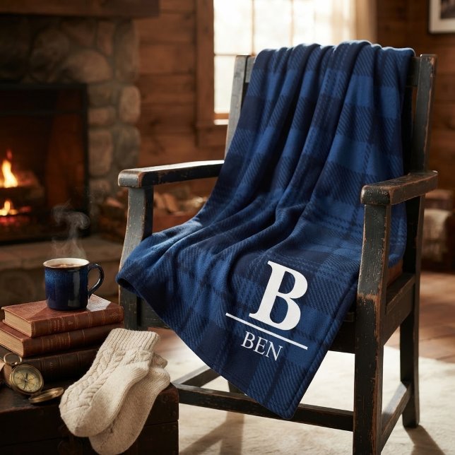 Custom Monogram Initial & Name Blue Buffalo Plaid  Fleecefilt (Skapare uppladdad)