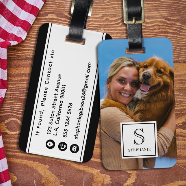 Custom Monogram, Name and Photo, Black and White Bagagebricka (Skapare uppladdad)