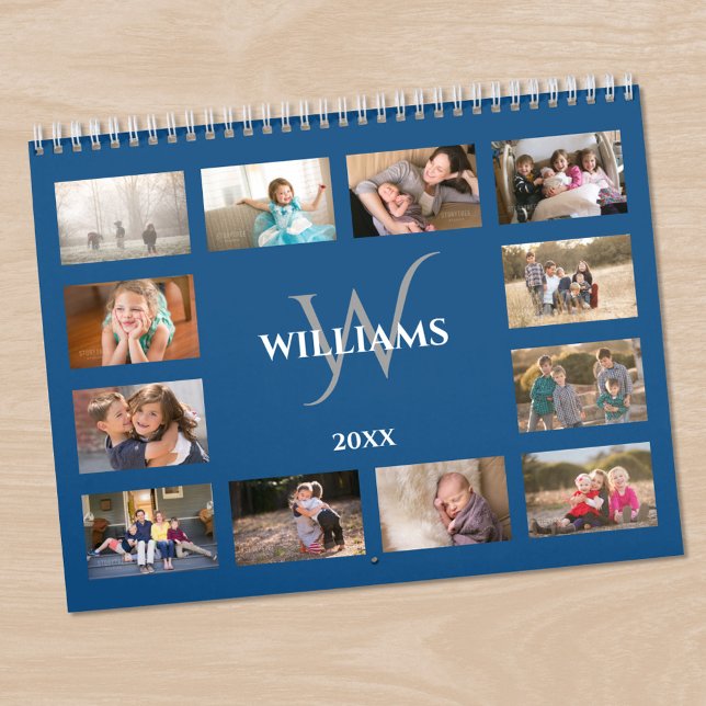Custom Monogram Name Blue Photo Kalender (Custom Monogram Name Blue Photo Calendar, in situ)
