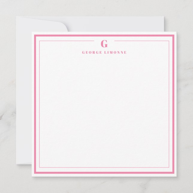 Custom Monogram Pink Border Stationery  Anteckningskort (Framsida)