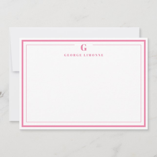 Custom Monogram Pink Border Stationery  Anteckningskort (Framsida)