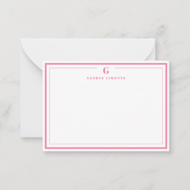 Custom Monogram Pink Border Stationery  Anteckningskort (Framsida)