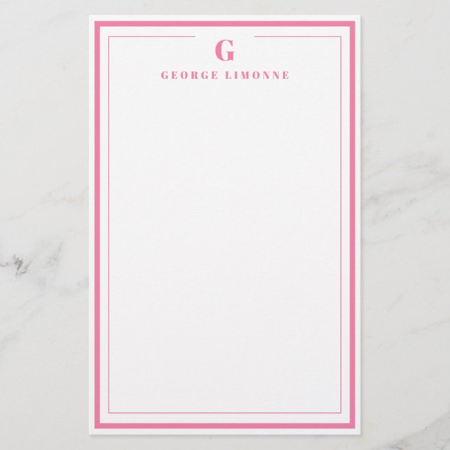 Custom Monogram Pink Border Stationery  Brevpapper (Framsida)