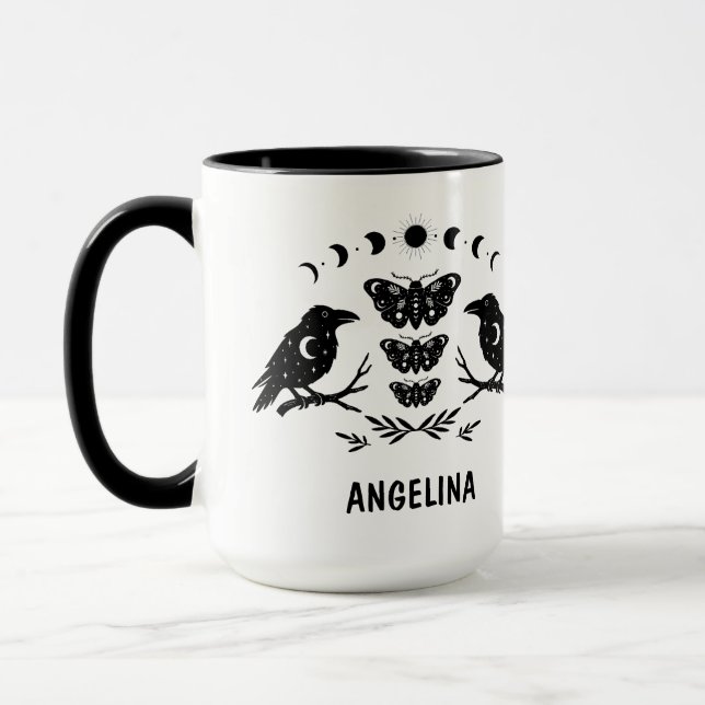 Custom Mystical Celestial Moth & Crows Goth Witchy Mugg (Vänster)