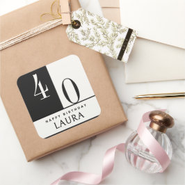 Custom Name & Age Black and White Birthday Fyrkantigt Klistermärke