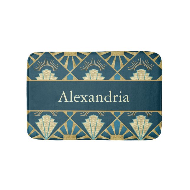 Custom Name Art Deco Teal & Gold Luxe Badrumsmatta (Framsidan)