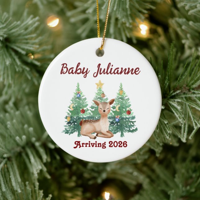 Custom Name Baby Announcement Deer Christmas Julgransprydnad Keramik (Träd)