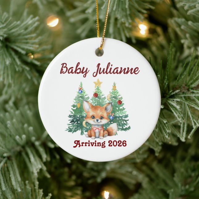 Custom Name Baby Announcement Fox Christmas Julgransprydnad Keramik (Träd)