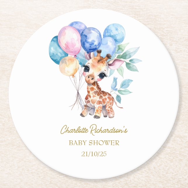 Custom Name Baby Giraffe Baby Shower Underlägg Papper Rund (Framsidan)