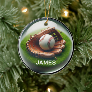 Custom Name Baseball Faux Glass‑Orb Look Julgransprydnad Keramik