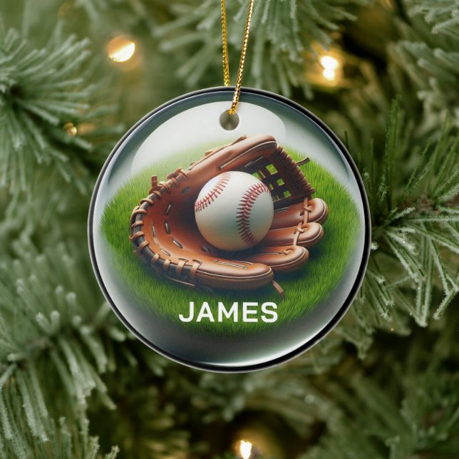 Custom Name Baseball Faux Glass‑Orb Look Julgransprydnad Keramik (Träd)