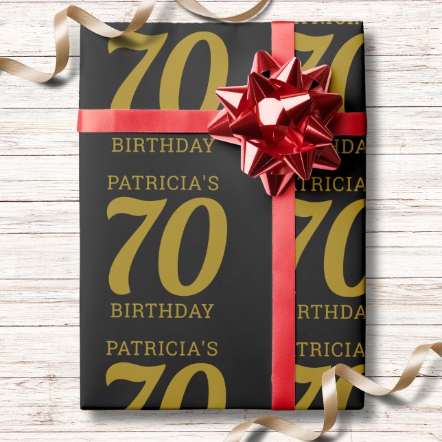 Custom Name Black And Gold Text 70th Birthday   Presentpapper (Skapare uppladdad)