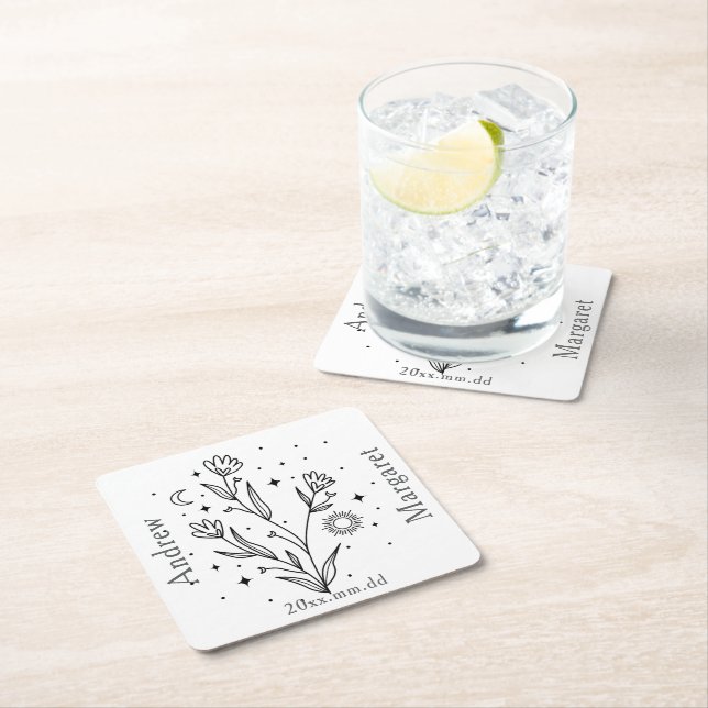 Custom Name Black & White Floral  Underlägg Papper Kvadrat (Insitu)