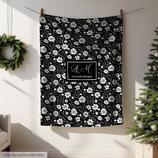 Custom Name Blanket Elegant Wildflower Black White Fleecefilt (Custom Name Blanket Elegant Wildflower Black White)