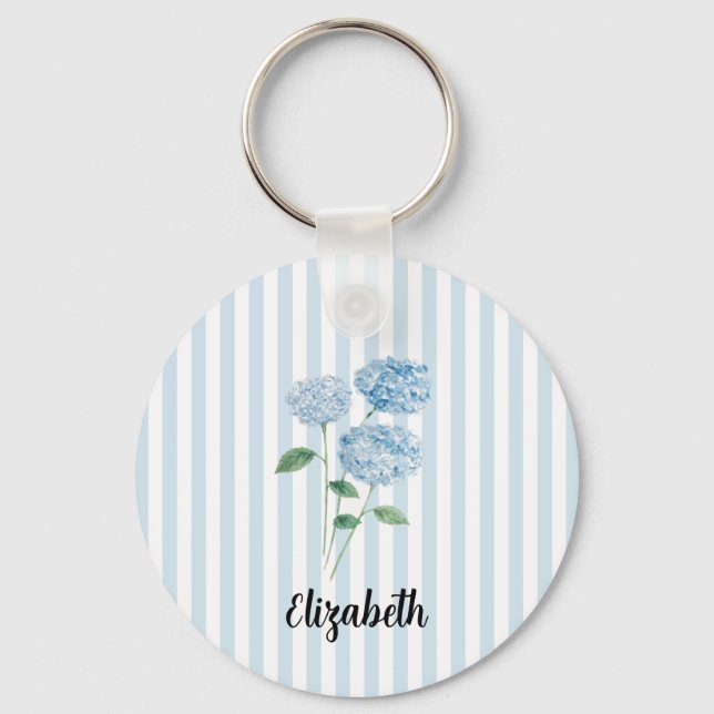 Custom Name Blue Hydrangea Painting Stripe Nyckelring (Framsida)