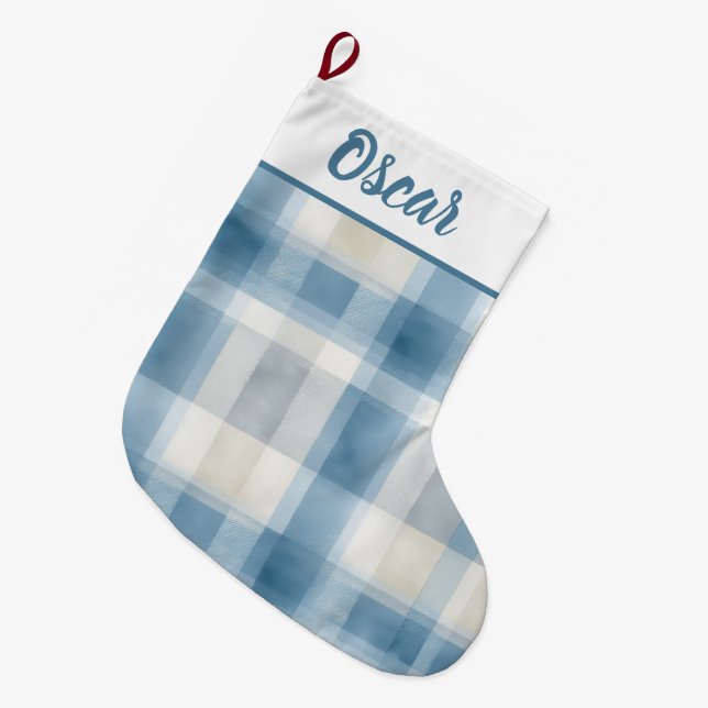 Custom Name Blue & White Plaid Christmas Stocking Stor Julstrumpa (Framsidan (Hängande))