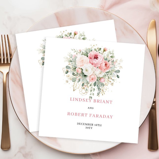 Custom Name Boho Blush Floral Gold Wedding Napkins Pappersservett (Custom Boho Blush Floral Gold Wedding Napkins)