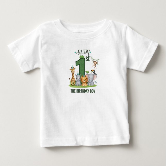 Custom Name Boy's Jungle 1st Birthday T-Shirt (Framsida)