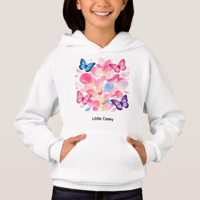 Custom Name Butterfly & Flower Kids Hoodie T Shirt (Framsida)
