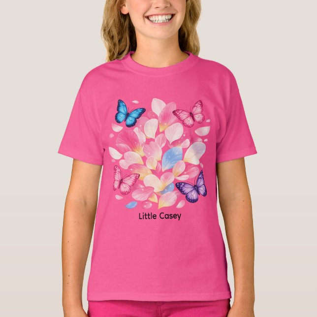 Custom Name Butterfly & Flower Kids T-Shirt (Framsida)