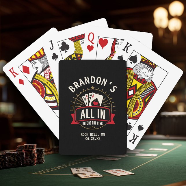 Custom Name Casino Bachelor Party Black Poker Casinokort (Black bachelor party playing card box with gold "All In Before the Ring" poker graphic)