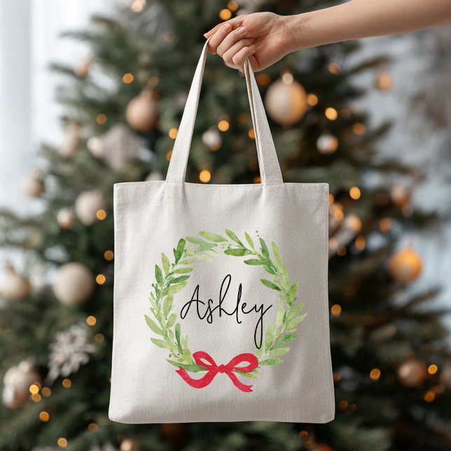 Custom Name Christmas Wreath Tote Bag for Women Tygkasse (personalized christmas tote, custom holiday tote, christmas wreath bag, holiday gift for her,)