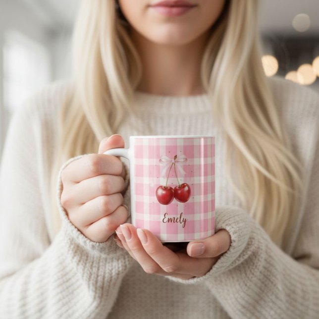 Custom Name Coquette Cherry Mug Red Bows Aesthetic Kaffemugg (Skapare uppladdad)