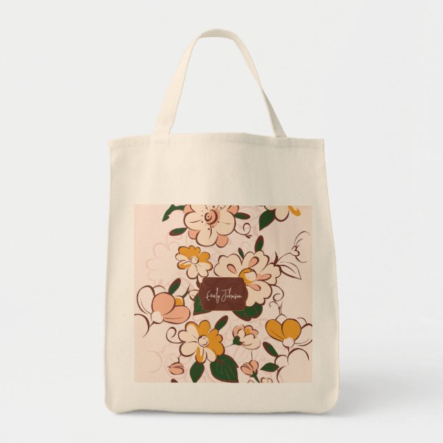 Custom Name Cream Floral Retro Bloom Botanical Tygkasse (Framsidan)