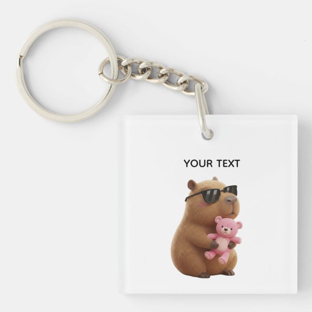 Custom Name Cute Capybara Pink Teddy Bear Keychain (Framsidan)