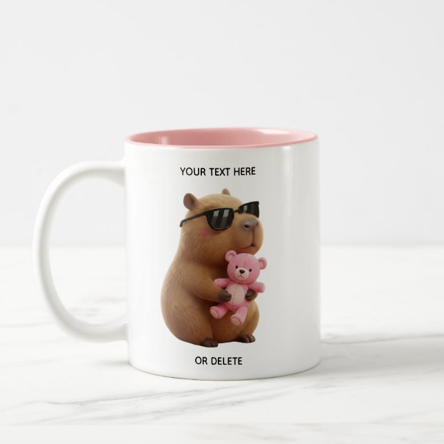 Custom Name Cute Capybara Teddy Bear Pink Mug Två-Tonad Mugg (Vänster)