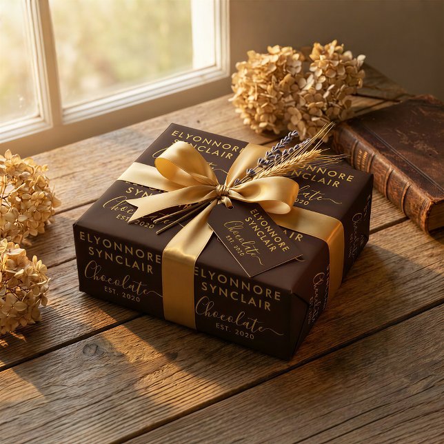 Custom Name Est Date Brown Gold Script Chocolate Presentpapper (Skapare uppladdad)