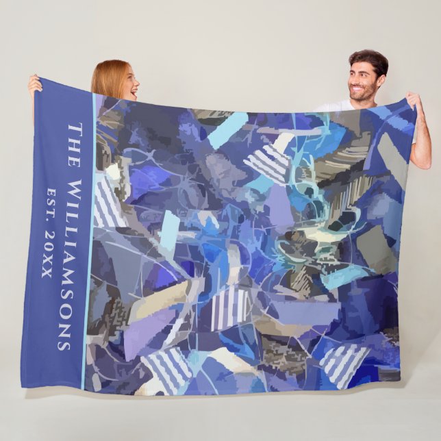 Custom Name Est. Year Blue Purple Abstract Stripes Fleecefilt (På plats)