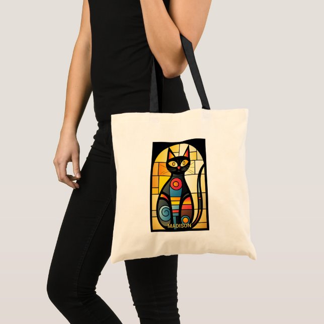 Custom Name Faux Stained Glass Cat Tygkasse (Framsida (produkt))