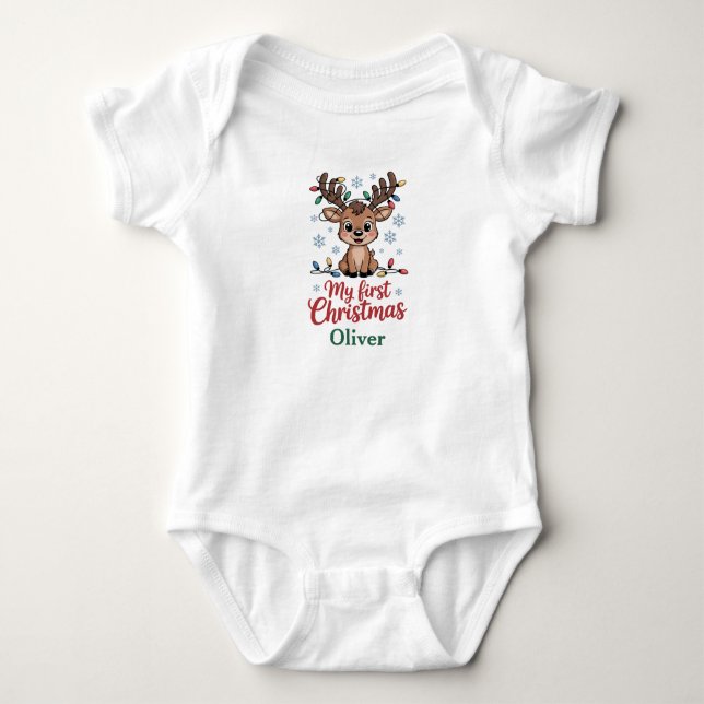 Custom Name First Christmas Reindeer T Shirt (Framsida)