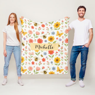 Custom Name Floral Bee Blanket Fleecefilt