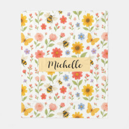 Custom Name Floral Bee Blanket Fleecefilt