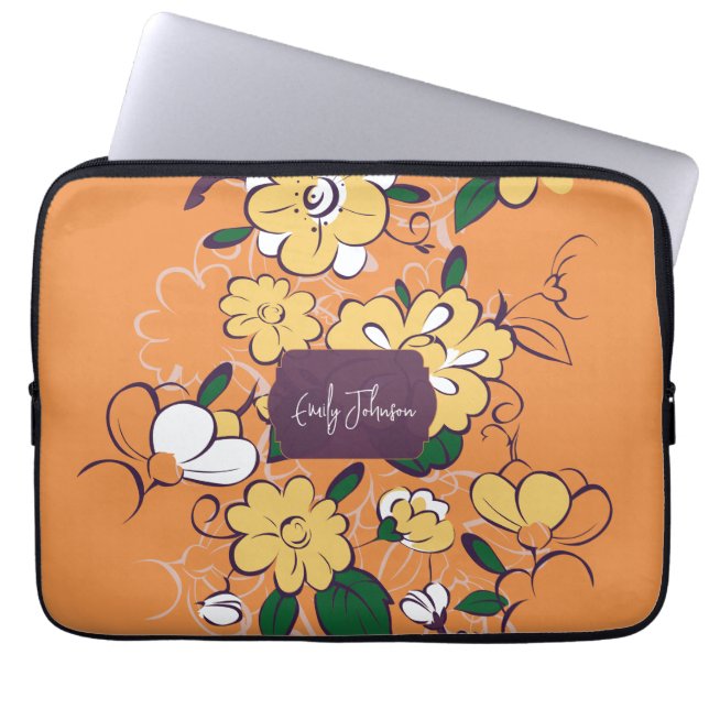 Custom Name Floral Pattern Orange Yellow White Laptop Fodral (Framsidan)