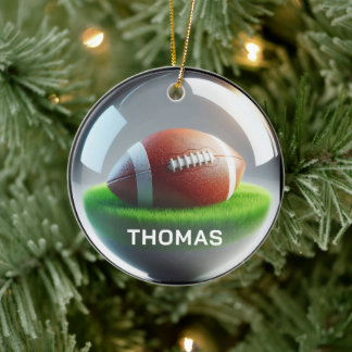 Custom Name Football Faux Glass‑Orb Look Julgransprydnad Keramik