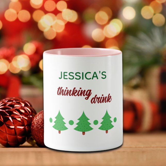 Custom Name Funny Thinking Drink Christmas Trees Mugg (Skapare uppladdad)